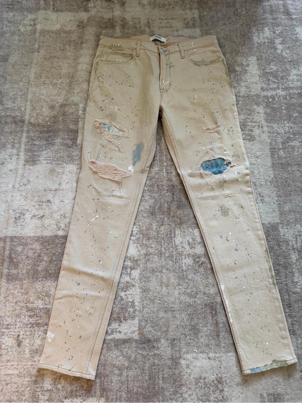 Hudson Men’s Zack Skinny Jeans – Distressed Tan w/ Paint Splatter – Size 36